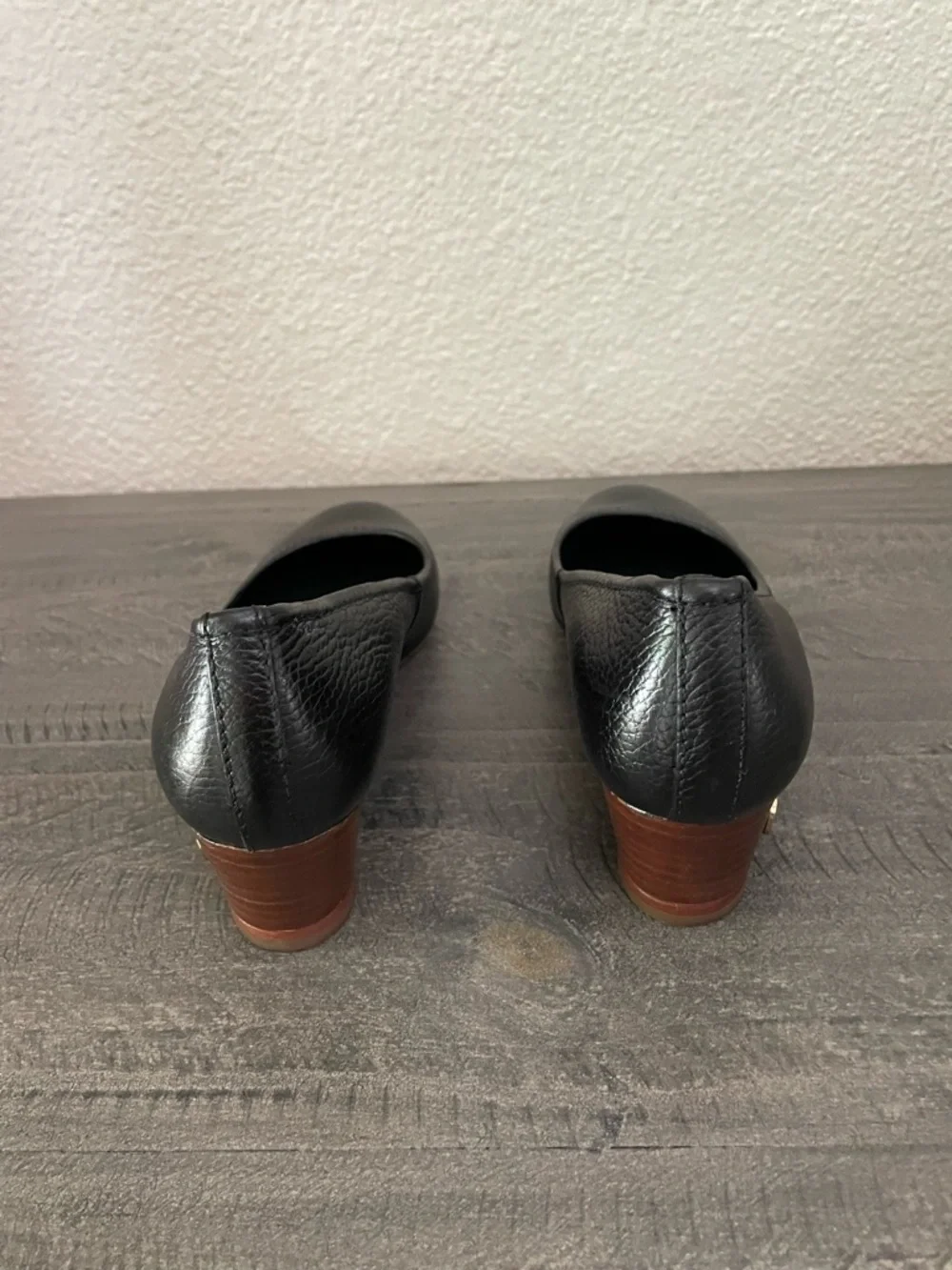 Tory Burch Black Leather Rounded Toe Wedge Pumps
